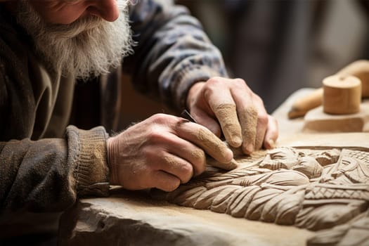 Tired hands of a carpenter perform wood carving. Heritage Craft.Exclusive Artist Work.Generative AI