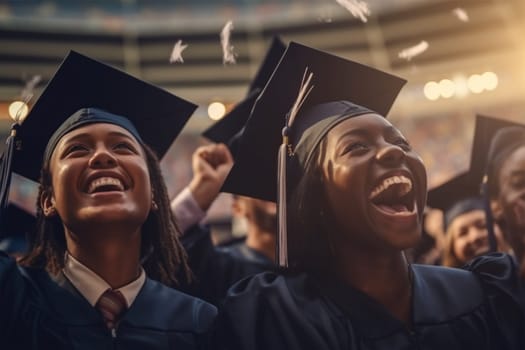 A group of joyful multiracial graduates toss their graduation hats into the air to celebrate the completion of their studies. education concept. Generative AI