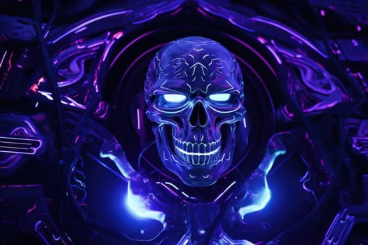 Skull in a blue neon glow. Halloween concept. Generative AI