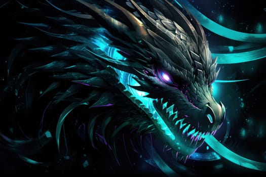 Fantasy neon dragon. Fantasy dragon head with glowing eyes. Mythical creature. symbol of the year.Generative AI
