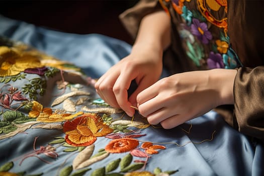 close-up of the hands of a master working on satin stitch embroidery. Modern ethnic folk embroidery, traditional embroidery . historical and national crafts. Generative AI