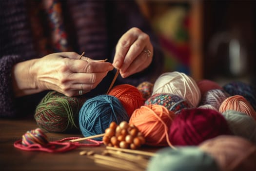 Hands of an elderly woman with balls of woolen yarn. Hobby, leisure concept. historical and modern crafts.Generative AI