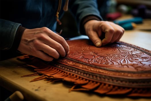 close-up of the hands of a craftsman working in a traditional leather workshop producing bags, wallets and accessories. historical and modern crafts.Generative AI