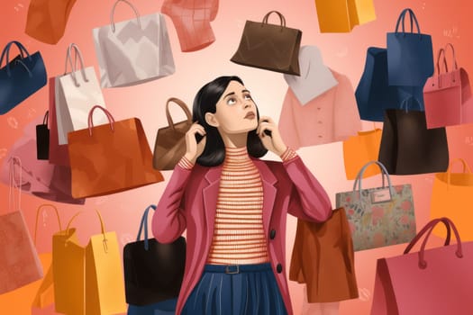 young woman with shopping bags in a store. the woman is confused and frightened by the amount of shopping and spending.Generative AI