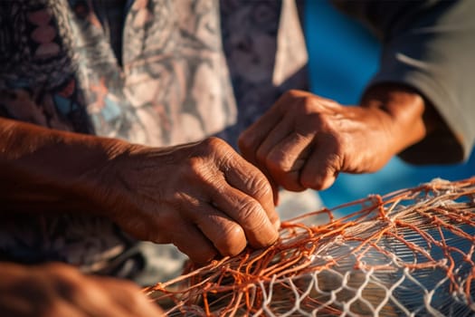 the worn-out hands of a man weaving a fishing net. Heritage Craft.Generative AI