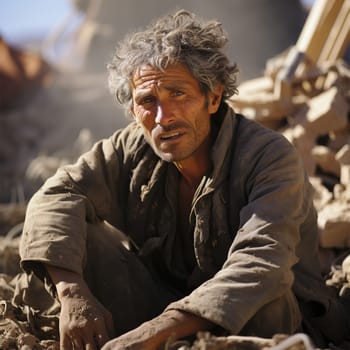 a shocked man sits on the ruins of a house in a city destroyed by an earthquake or war. Generative AI