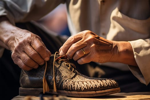 the weary hands of a shoemaker tying the laces of his shoes. Custom Made Shoes. Heritage Craft. Generative AI