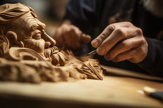 Tired hands of a carpenter perform wood carving. Heritage Craft.Exclusive Artist Work.Generative AI
