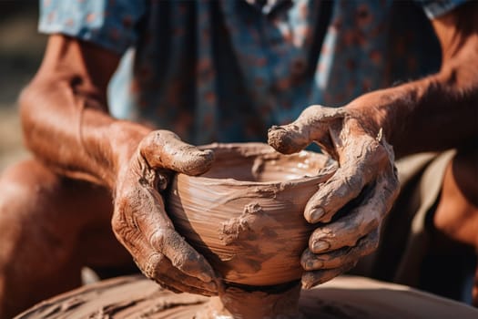 hands of a potter forming clay on a potter's wheel in action, creative process, making pottery, Heritage Craft. Generative AI