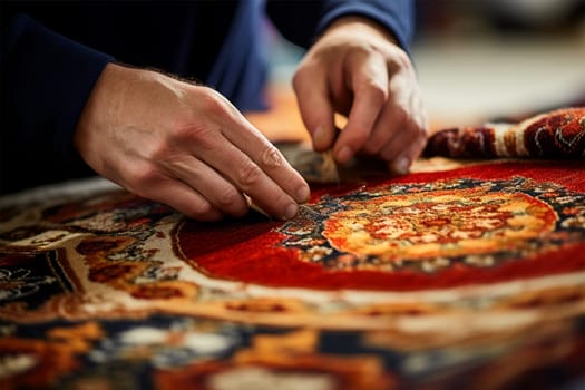 close-up of the hands of a master restoring an old carpet. Restoring damaged old rug. historical and modern crafts. Generative AI