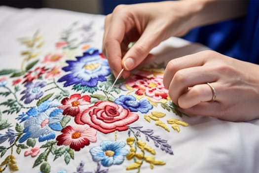 close-up of the hands of a master working on satin stitch embroidery. Modern ethnic folk embroidery, traditional embroidery . historical and national crafts. Generative AI