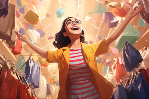 young woman with shopping bags in a store. the woman is glad and happy with the number of purchases and discounts.Generative AI