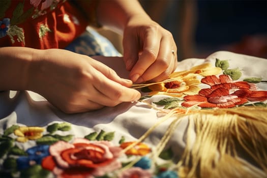 close-up of the hands of a master working on satin stitch embroidery. Modern ethnic folk embroidery, traditional embroidery . historical and national crafts. Generative AI