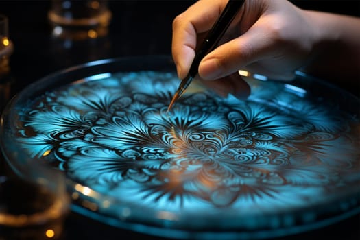 close-up of the artist's hands. painting with stained glass paints and linear paints on transparent glass. historical and modern crafts.Generative AI