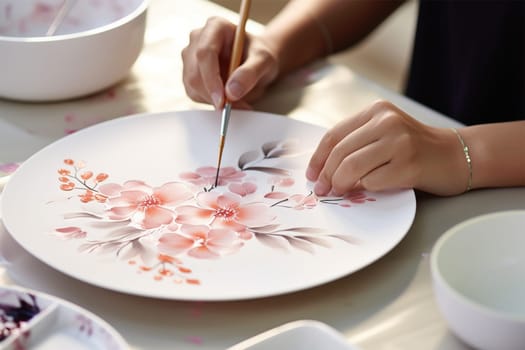 artist's hands painting plates. painting dishes. Heritage craft. Generative AI