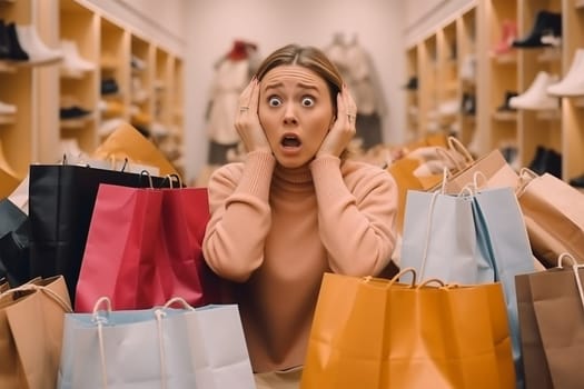 young woman with shopping bags in a store. the woman is confused and frightened by the amount of shopping and spending.Generative AI
