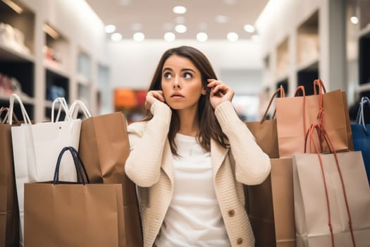 young woman with shopping bags in a store. the woman is confused and frightened by the amount of shopping and spending.Generative AI