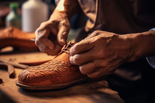 the weary hands of a shoemaker tying the laces of his shoes. Custom Made Shoes. Heritage Craft. Generative AI