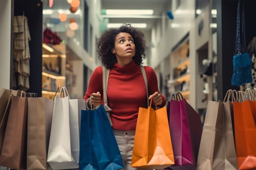 young woman with shopping bags in a store. the woman is confused and frightened by the amount of shopping and spending.Generative AI