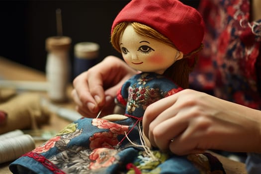 close-up of the hands of a master making a doll from fabric and cotton. historical and national crafts. Generative AI