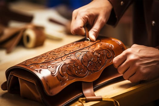 close-up of the hands of a craftsman working in a traditional leather workshop producing bags, wallets and accessories. historical and modern crafts.Generative AI