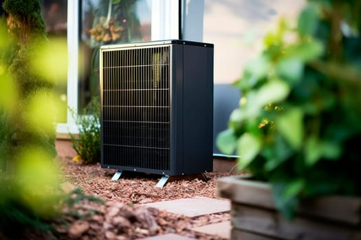 Air source heat pump installed outside of a modern house, sustainable and clean energy concept. Modern ecological heat pump on garden is popular green energy source of heating. AI generated