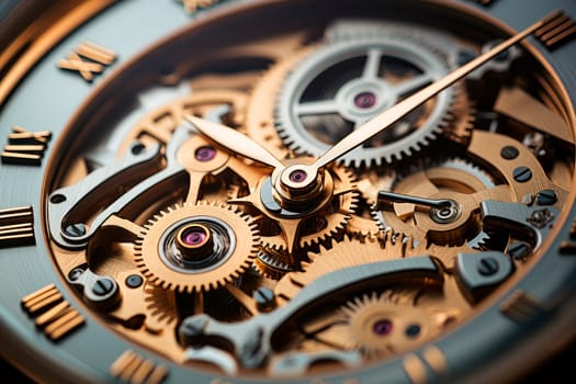 Closeup of clock mechanism gears, time and deadline concept. Vintage watch machinery macro detail. AI generated