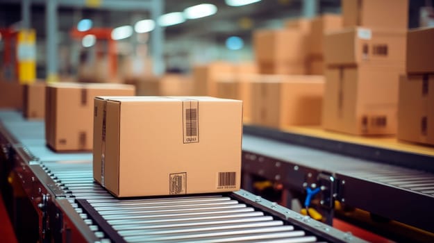 Multiple cardboard box packages moving along a conveyor belt in a warehouse fulfillment center. Cardboard boxes on conveyor rollers ready to be shipped by courier for distribution.AI generated