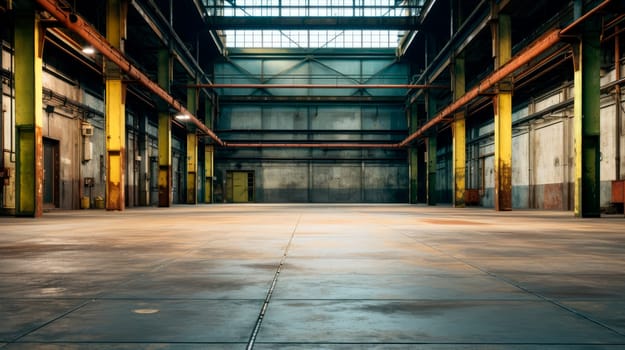 Large empty old industrial warehouse interior with old  walls  and concrete floor. Industrial interior of an old factory building. AI generated