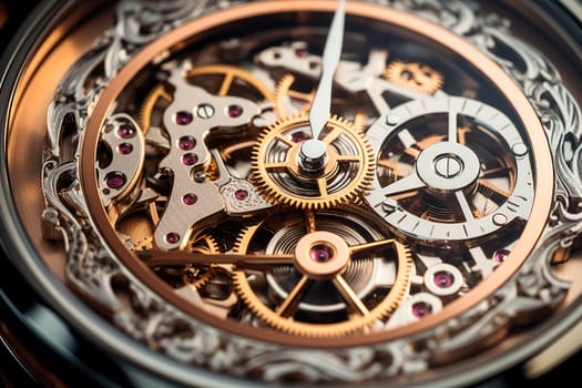 Closeup of clock mechanism gears, time and deadline concept. Vintage watch machinery macro detail. AI generated