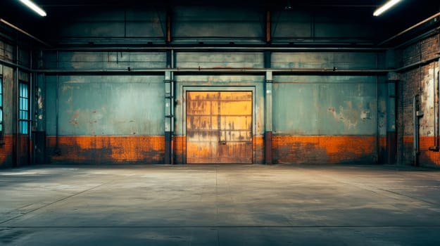 Large empty old industrial warehouse interior with old red brick wall and concrete floor. Industrial interior of an old factory building. AI generated