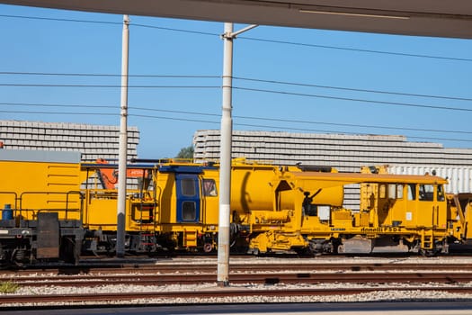 MILAZZO, SICILY, Italy - 03 October 2023. The donelli PSD4 is a ballast levelling machine. It is suitable for use as a trailing locomotive.
