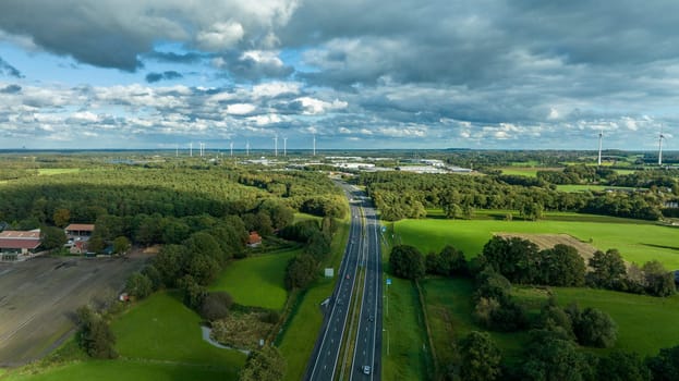 aerial view of the E30 highway just before the german border in eastern netherlands. European route E 30 is a west–east European route, running from Cork in Ireland to Omsk in Russia. In the Netherlands, the highway runs from Hook of Holland eastwards through The Hague, Utrecht, Amersfoort and Apeldoorn to the German border, near De Lutte.