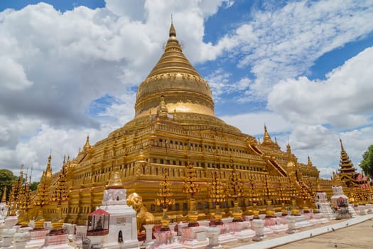 Bagan, Myanmar: 17 August 2020: The golden beautiful Shwezigon Pagoda in Bagan city, Myanmar