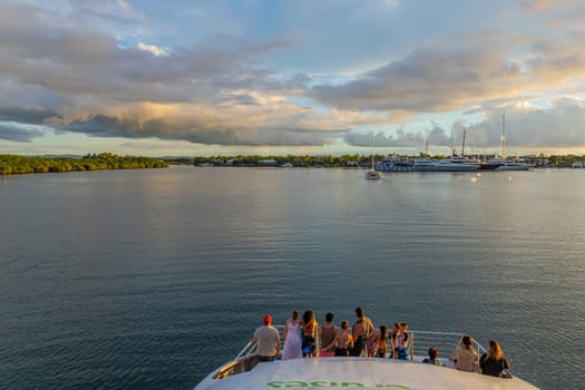 Viti Levu, Fiji: 29 May 2023: Group of tourists on a ship in the coast at Denarau port. Viti Levu. Fiji