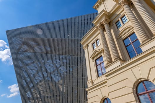 Dresden, Germany - August 13, 2023: Detail of the exterior view of the Military History Museum in Dresden.
