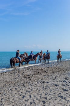 Policoro, Italy - 7 May 2023: People riding horses in a Policoro beach, Basilicata, southern Italy.