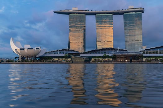 Marina Bay, Singapore - June 04, 2023 - The view of Marina Bay Sands Hotel at sunset