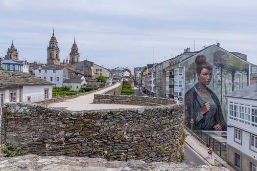 Lugo, Spain: 20 August, 2023: View of the Lugo and Roman city walls and ramparts