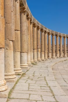 Oval Plaza (Square) at ruins of Jerash. Jordan. Vertically.