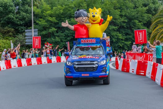 Bayonne, France: 03 July 2023: Caravan car of Tour de France in the 3 stage of "Le Tour de France"" in Bayonne, Basque Country. France."