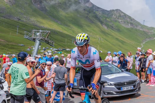 Col du Tourmalet, France - July 06 2023: Gregor Mühlberger climbig the road to Col du Tourmalet in Pyerenees mountains during the stage 6 of Le Tour de France 2023.