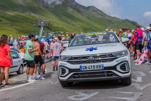 Col du Tourmalet, France - July 06 2023: Caravan car at the top of the Col du Tourmalet in Pyerenees mountains during the stage 6 of Le Tour de France 2023