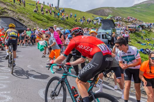Col du Tourmalet, France - July 06 2023: Matis Louvel climbig the road to Col du Tourmalet in Pyerenees mountains during the stage 6 of Le Tour de France 2023.