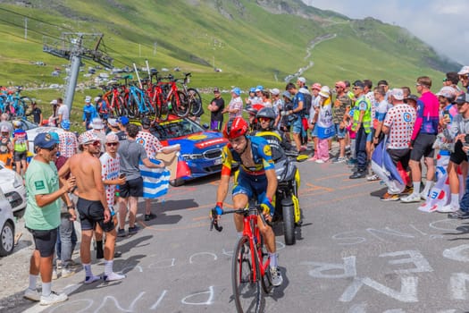 Col du Tourmalet, France - July 06 2023: Giulio Ciccone climbig the road to Col du Tourmalet in Pyerenees mountains during the stage 6 of Le Tour de France 2023.