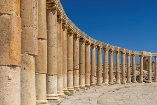 Oval Plaza (Square) at ruins of Jerash. Jordan. Horizontally.