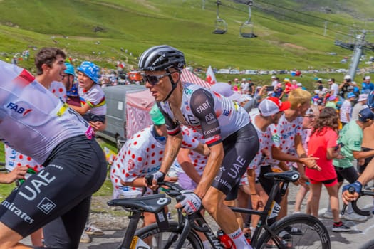 Col du Tourmalet, France - July 06 2023: Rafal Majka climbig the road to Col du Tourmalet in Pyerenees mountains during the stage 6 of Le Tour de France 2023.