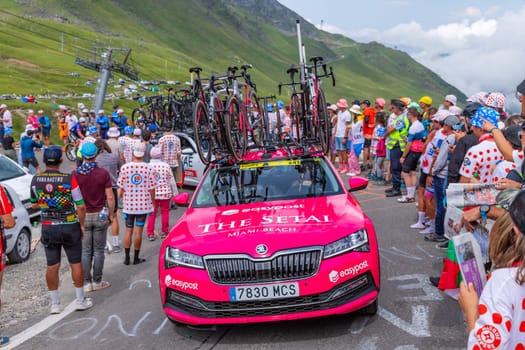 Col du Tourmalet, France - July 06 2023: Caravan car at the top of the Col du Tourmalet in Pyerenees mountains during the stage 6 of Le Tour de France 2023