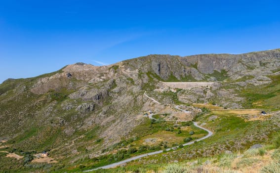Landscape of the Serra da Estrela mountain range, along road, in Portugal