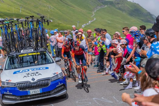 Col du Tourmalet, France - July 06 2023: Tom Pidcock climbig the road to Col du Tourmalet in Pyerenees mountains during the stage 6 of Le Tour de France 2023.